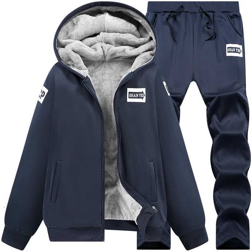 New Winter Fleece Thicken Mens Two-piece Zipper Sports Set Hooded Thermal Suit Casual Oversized Tracksuit 4XL 5XL Funny Suit M251210