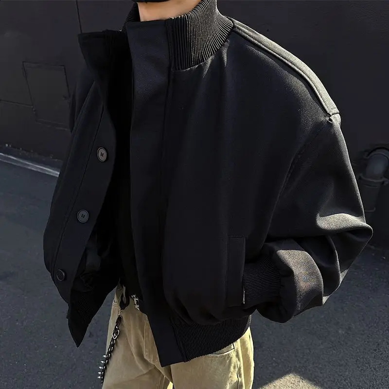 Retro Navy Blue Wide Stand Collar Jacket for Men in Spring Autumn Britain Style Cool Trendy Short Flying Jacket Tough Gentleman 251205