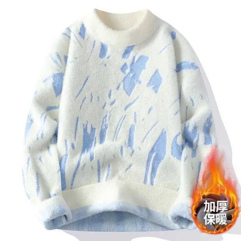 Winter Mens Thickened Fleece Sweater Irregular Jacquard Pattern Casual Round Neck Pullover Tops Striped Soft Knitted SweatersXJ251210