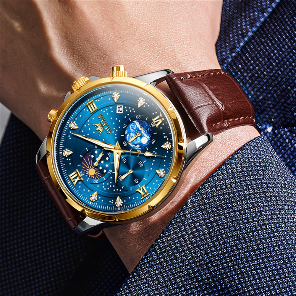 OLEVS Luxury gentleman starry sky dial multifunctional quartz men's watch Waterproof and durable luminous hands leather strap mens Watches