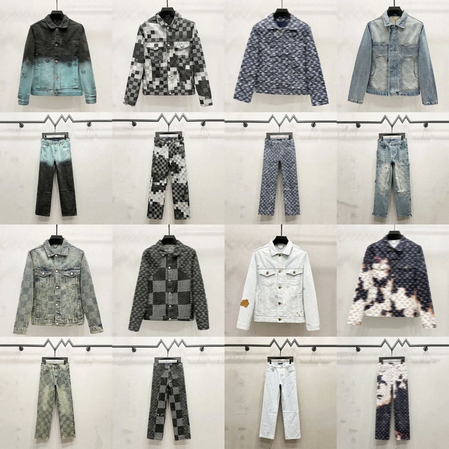 Designer Mens Jacket Embroidery Full Letter Mosaic Checkered Denim Jacket Baggy Jeans Vintage Luxury Washed Denim Suit Men Women H48S#