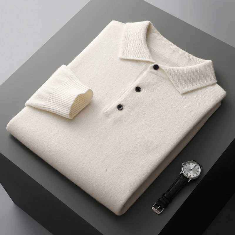 100 Pure Wool Jacket Mens POLO Collar Pullover 2025 Spring and Autumn New Knitted Top Casual Loose Large Size Mens ShirtsXJ251210