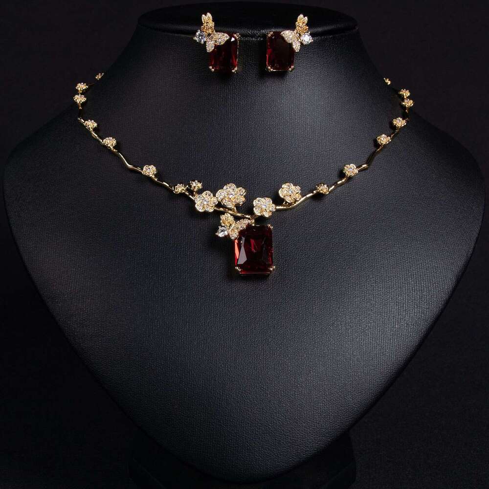 European American New Style Ruby and Earring Set Simple Versatile Fashion Square Zircon Necklace Collarbone Chain Wholesale
