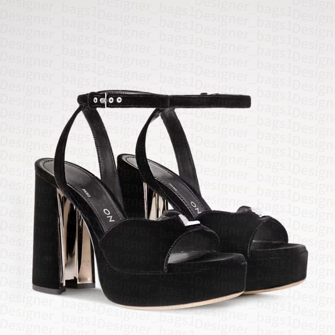 Velluto in pelle nera Sandali con plateau altalena Sandali firmati da donna Diamante di cristallo Tacchi grossi Pantofola da mulo Sandalo sexy da sp