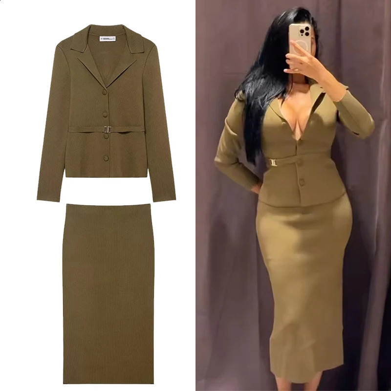 Women Knitted Midi Skirts Two Piece Sets Chic Fashion Belt Knit Cardigan Coat Womens Suits Autumn Winter Woman Outfits 251205
