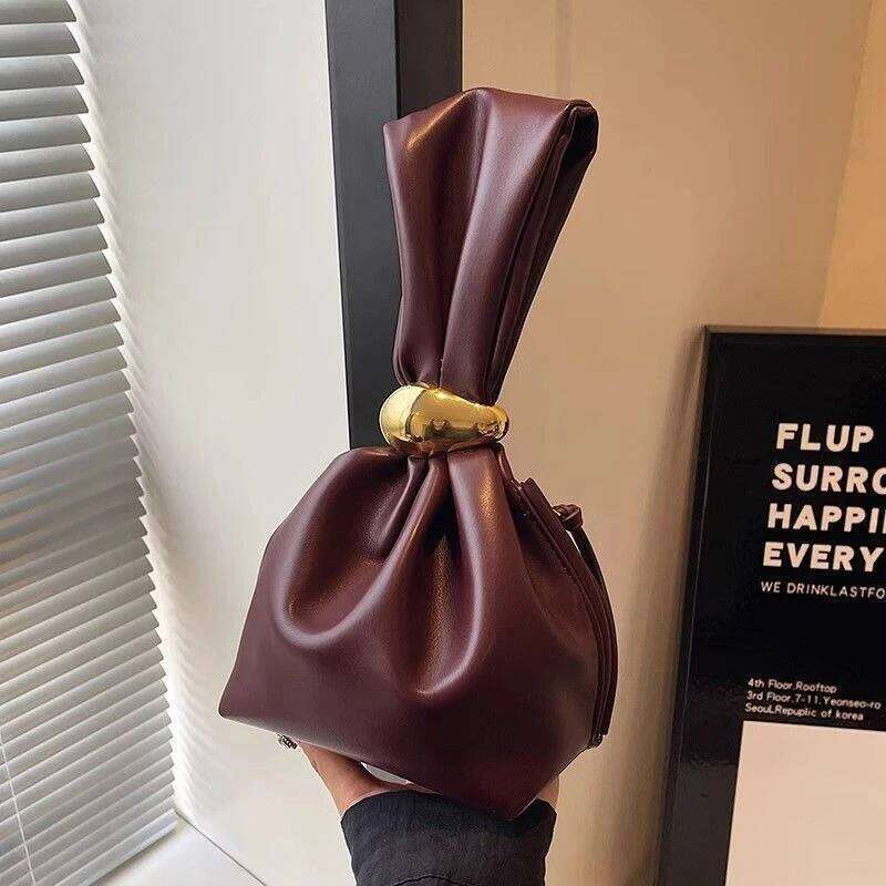 Soft Leather Personalized Clutch Luxury Designer Women's Pleated Mini Bucket Bag, Elegant Side Zipper Party Bag
