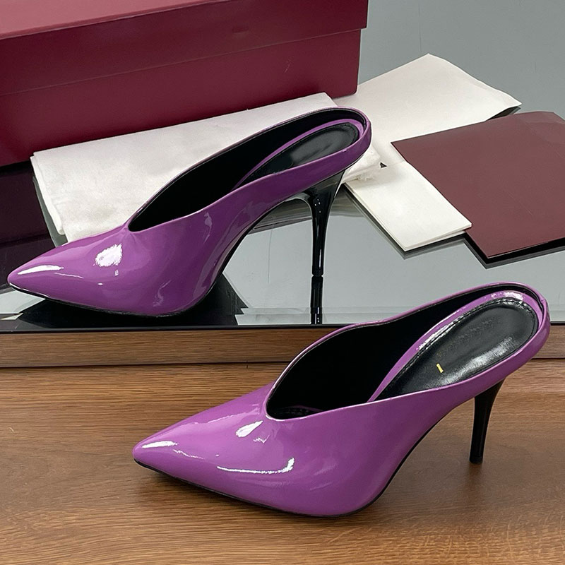 Womens 97 heeled mule designer sandals women sandals high quality purple patent leather fabric soft comfortable leather lining fashionable brand san