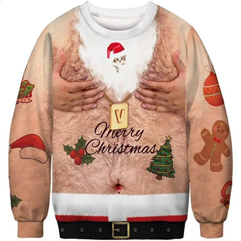 Ugly Christmas Pattern Sweatshirts For Men Novelty Funny Fashion 3D Printed Pullover Loose Hoodies Long Sleeves Round Neck Tops251205