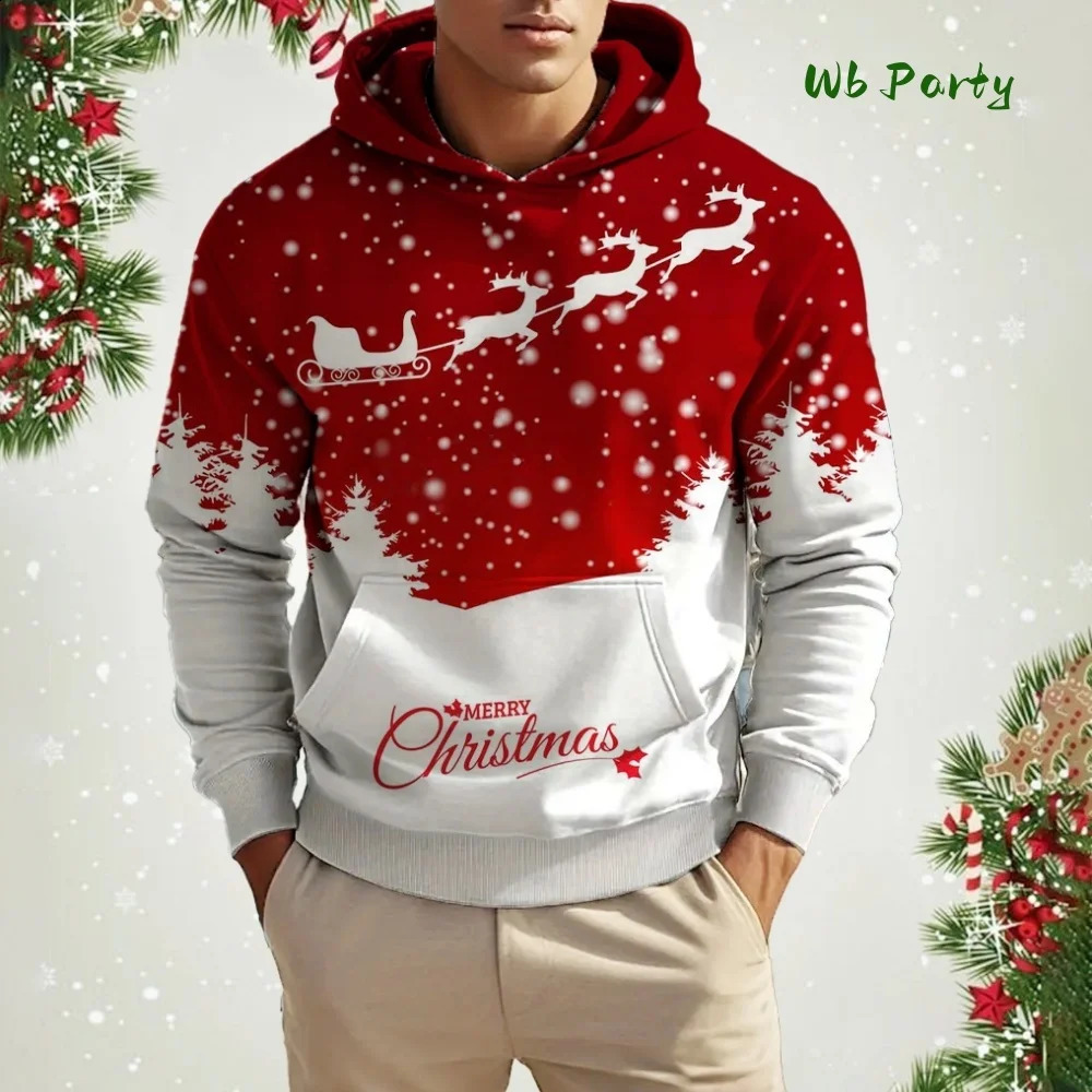 Christmas Elk Print Mens Hoodies Sweatshirts Autumn Winter Casual Year Clothing Fashion Loose Hooded Pullover Sweaters Man251205