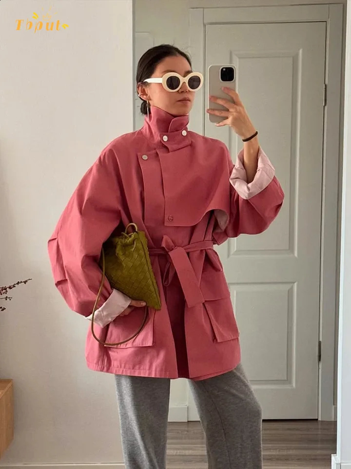 Pink Lace Up Short Windbreak Women Solid Turn-down Collar Single Breasted Belted Loose Coats Lady Commute Street Outerwear 251204