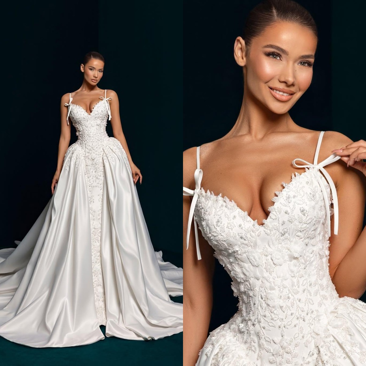 Classic A Line Women Wedding Dress Spaghetti Straps Sleeveless Bridal Gowns Pearls Appliques Sweep Train Dress Custom Made vestidos de novia
