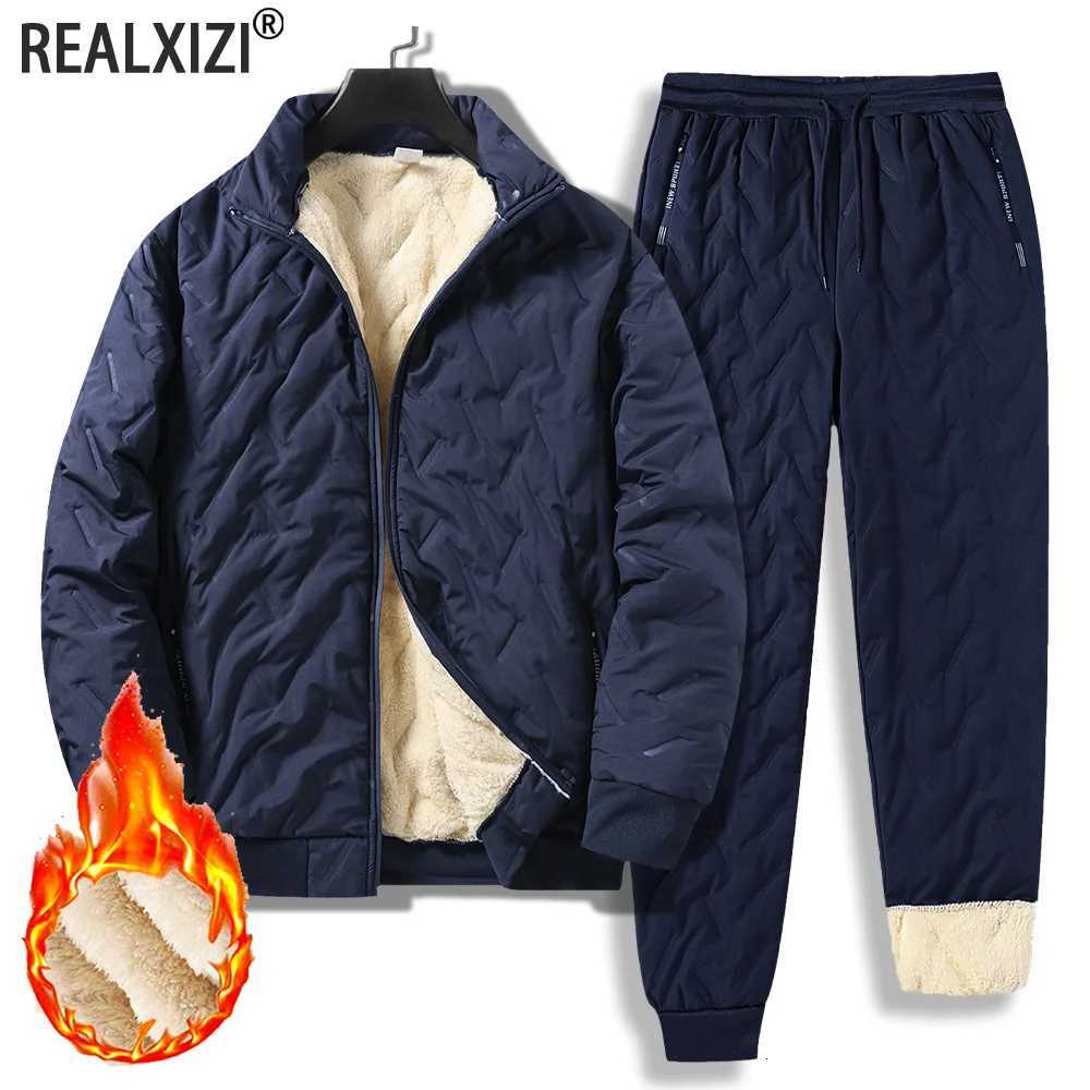 Mens Lamb Fleece Cotton Jacket and Pants 2-piece Set Autumn and Winter Thick Warm Sports Suit Casual Solid Color Coat and Pants M251210