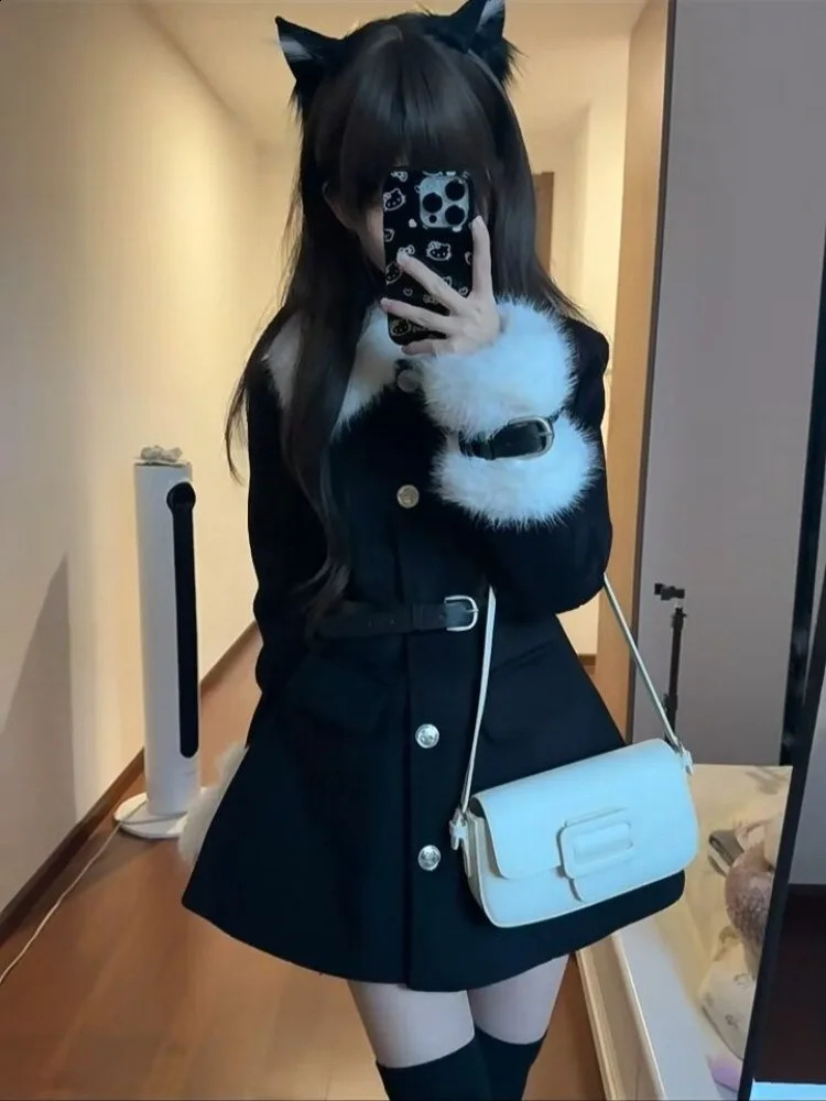 Patchwork Woolen Coat Dress for Women Autumn Slim Waist Dresses Y2k Long Sleeve Fur Lapel Neck Vestidos Mujer 251205