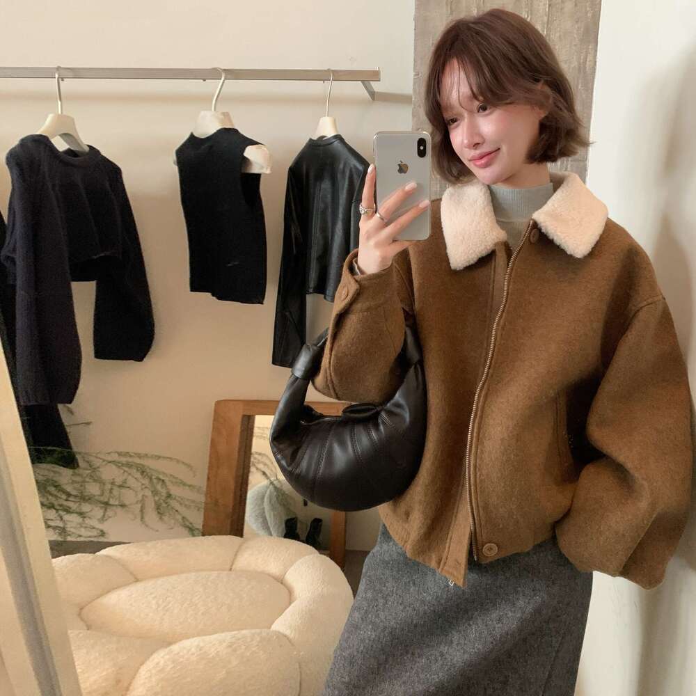INS Korean Style Turn-Down Collar Color Block Coat Autumn Winter New Zipper Warm Versatile Woolen Jacket Top B5