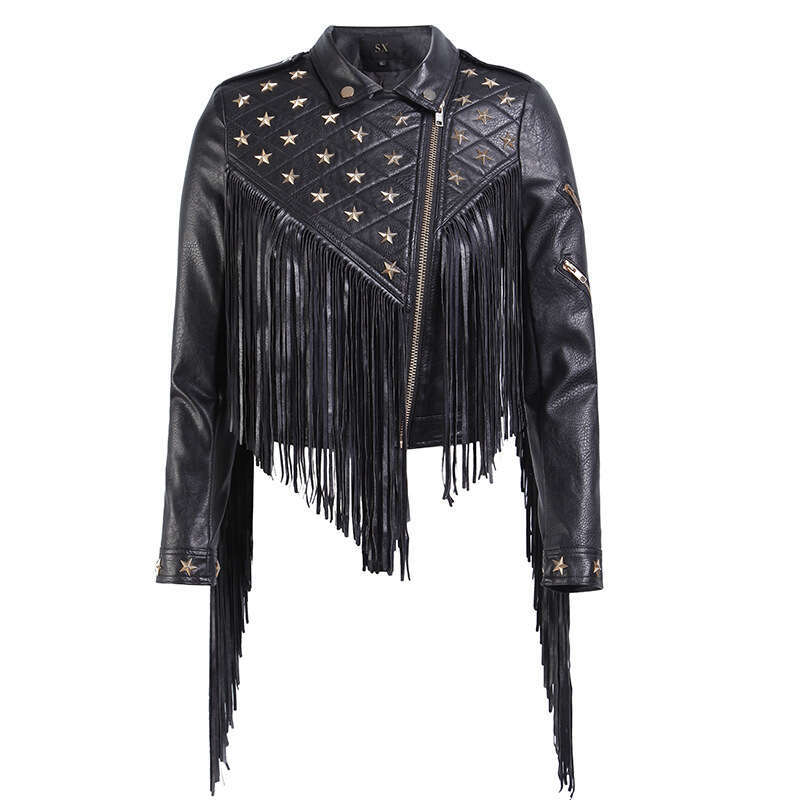 Gothic Style Tassel Women's Leather With Star Studs Short Turn Down Collar Zipper Motorcycle PU Jacket Luxury