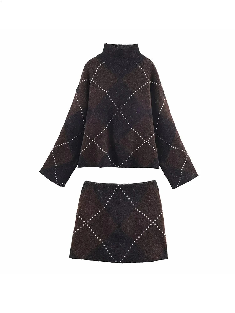 Women Chic Knitted Womens Sweater Skirts Suit O-Neck Full Sleeve Half-High Collar Mini Skirt Autumn Winter 2 Pieces Set Women 251205