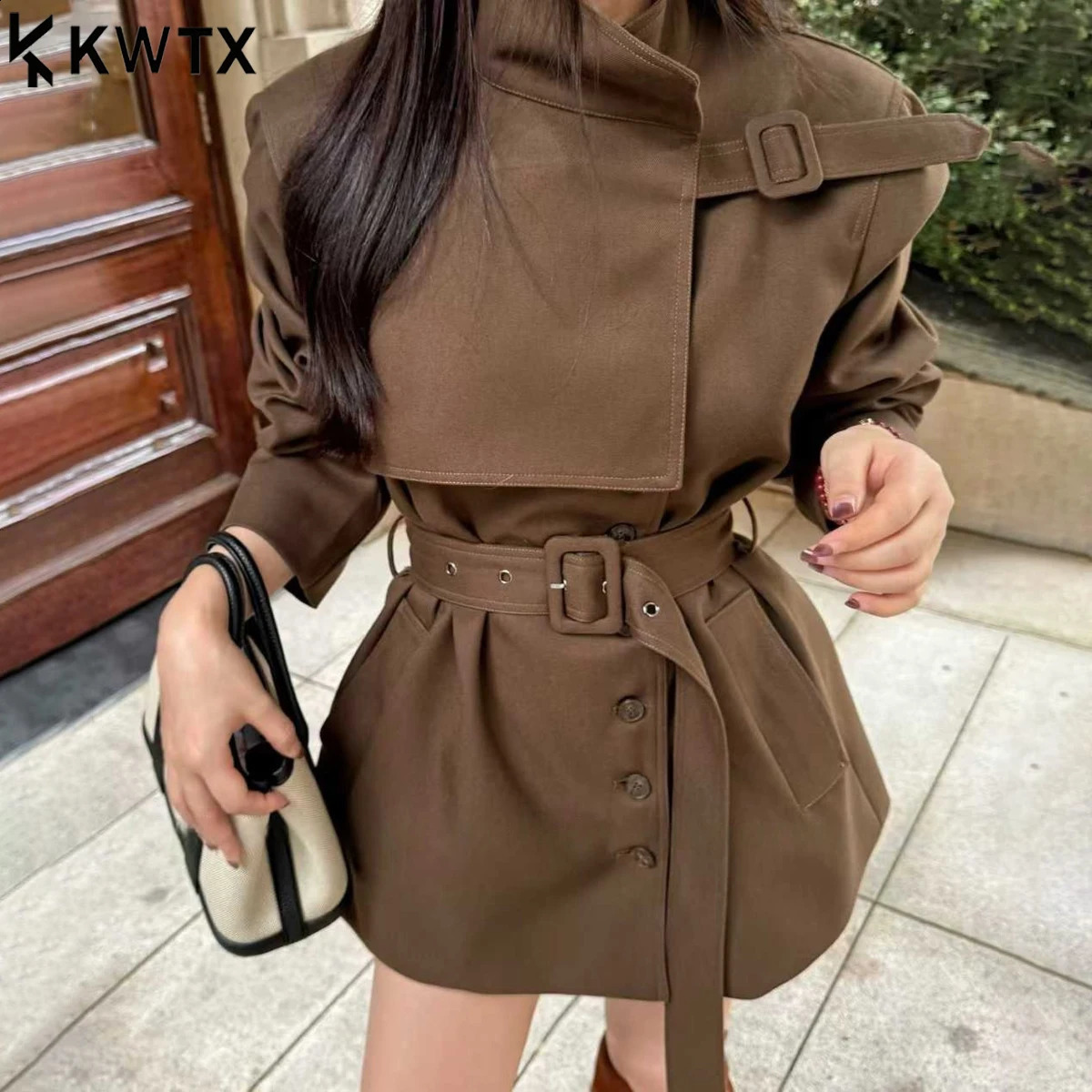 KWTX Womens Casual Short Trench Coat Autumn Winter Solid Color Single Breasted Stand Collar Belted Pockets Vintage 251205BJ