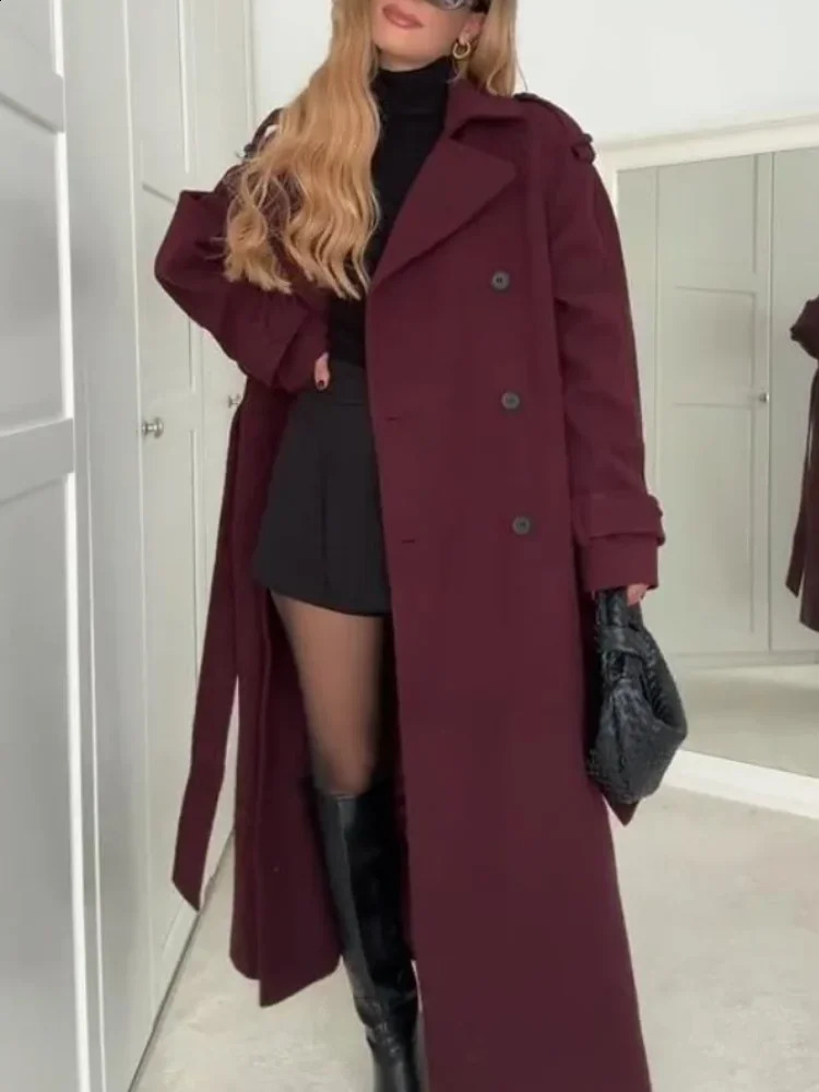 Street Womens Burgundy Woolen Overcoat With Belt Vintage Lapel Double Breasted Long Coat Autumn Winter Lady Chic Outwear 251209