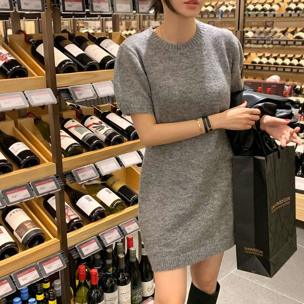 Korean INS Autumn Winter New Base Layer Round Neck Sleeve Wool Knitted Women's Short Dress B5