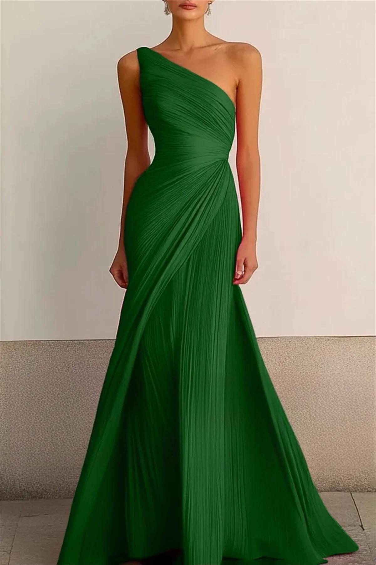 Sexy New Green Sirena Abito da sera formale da donna 2026 Una spalla Pieghe in chiffon Lungo Prom Abiti da festa di compleanno Robe De Soriee africa