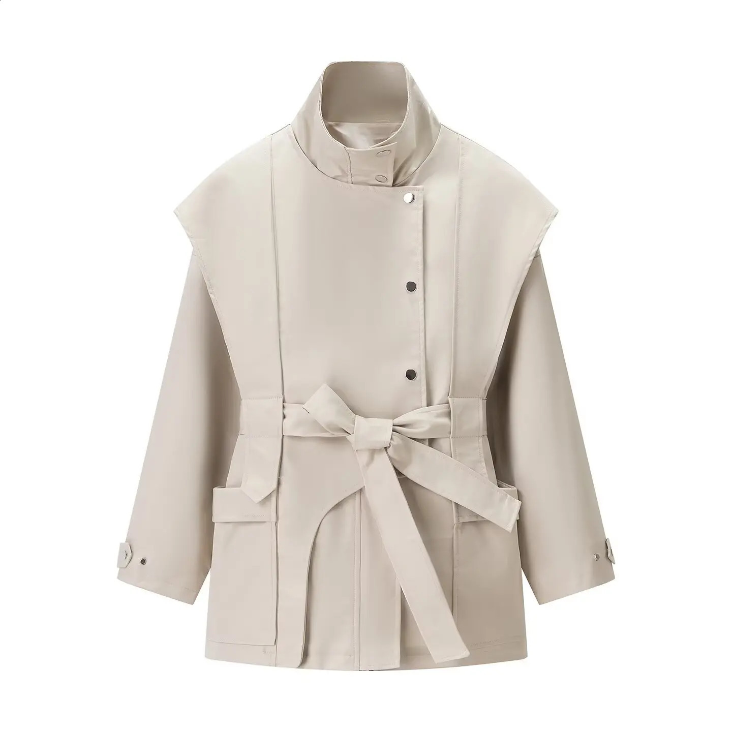 Autumn and Winter Womens European and American Fashion Solid Color Waist Belted Windbreaker Jacket 251204