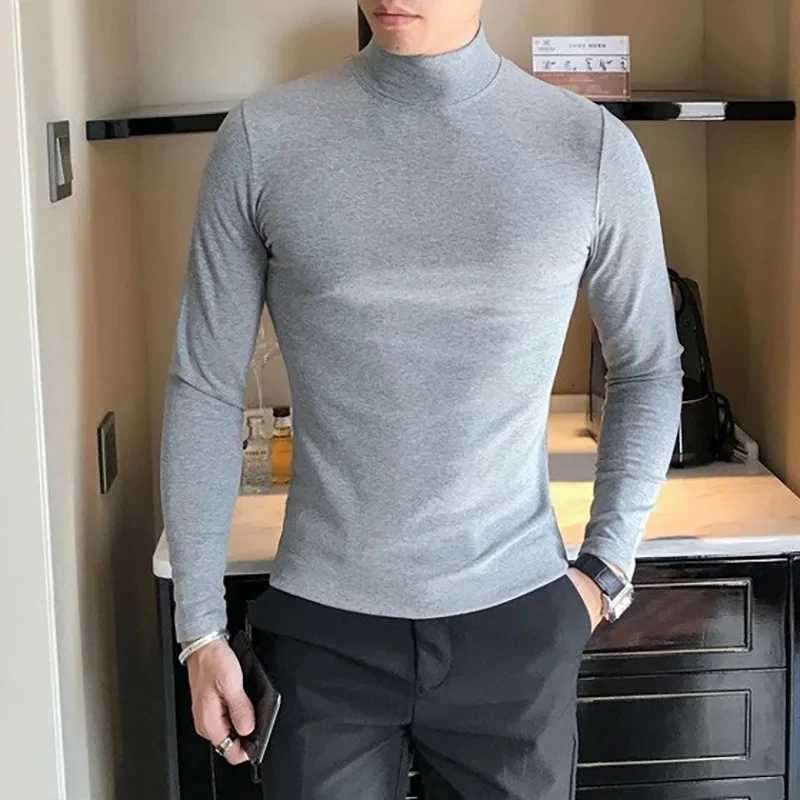 2025 Autumn Winter Mens High Neck T-shirt Slim Fit Fashion High Elastic Long Sleeve Cotton Casual Breathable Apparel Pullover XJ251210
