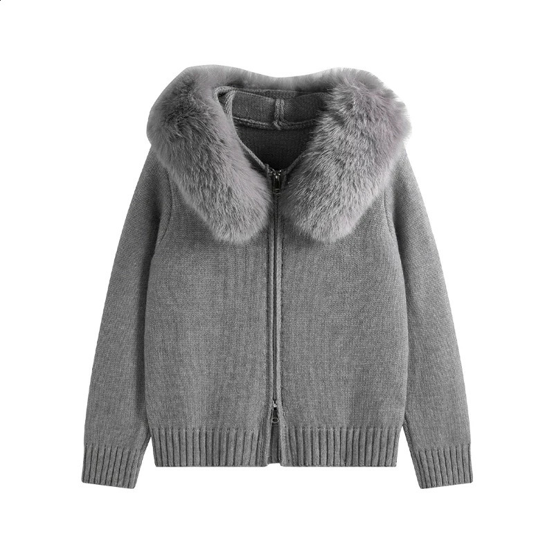 2025 Winter Sweater Coat Women Hooded Cardigan Fur Collar Hooded Knit Thicken Warm Womens Coats Chic Casual Outwear Coats 251209