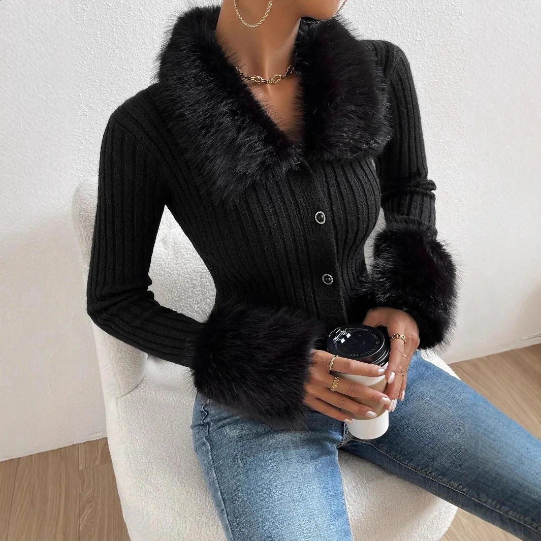 2025 Autumn and Winter Womens Fur V-neck Knitted Cardigan Slim Fit Fur Collar Top Sweater Knitted Sweater 251209