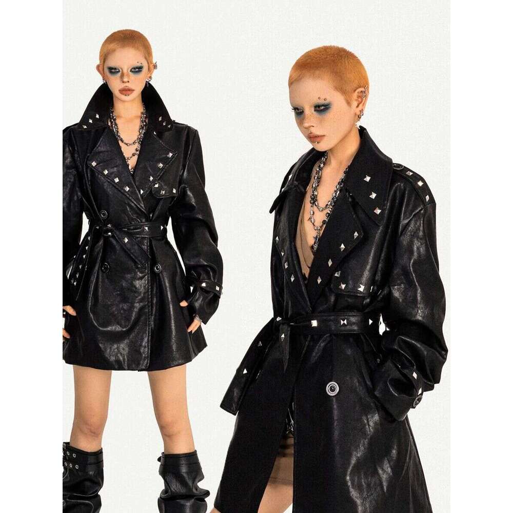 Motorcycle Style Rivet Decorated Leather Jacket For Women Autumn And Winter High End Mid Length Coat Luxury