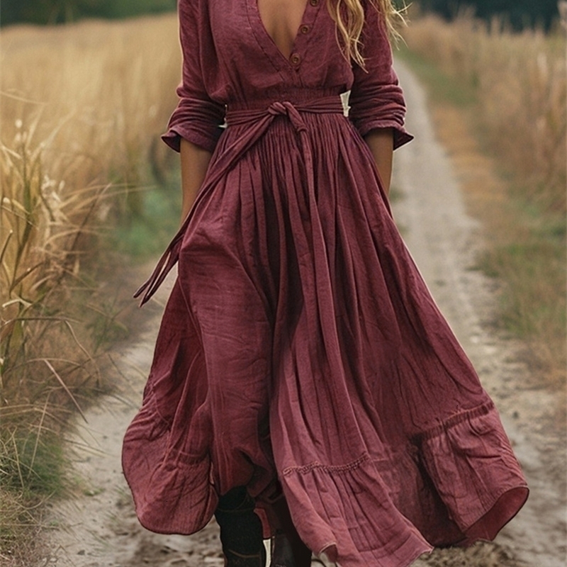 TurnDown Collar LaceUp Simple Maxi Dress Women Spring Autumn Long Sleeve Chic Party Holiday Solid Elegant Ladies 251130