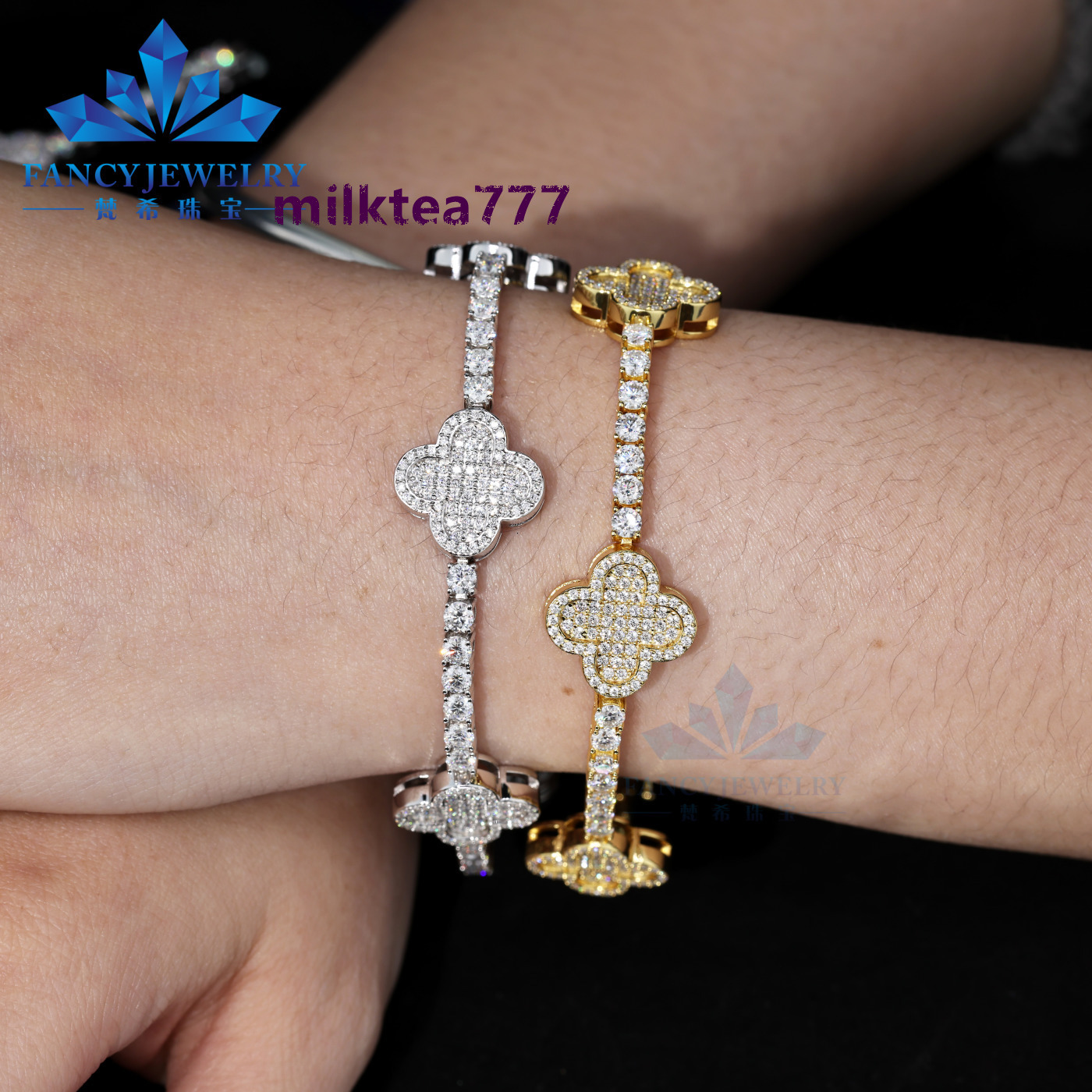 New Arrival 925 Silver VVS Moissanite Diamond Iced Out Four Leaf Clover Cross Tennis Chain Bracelet