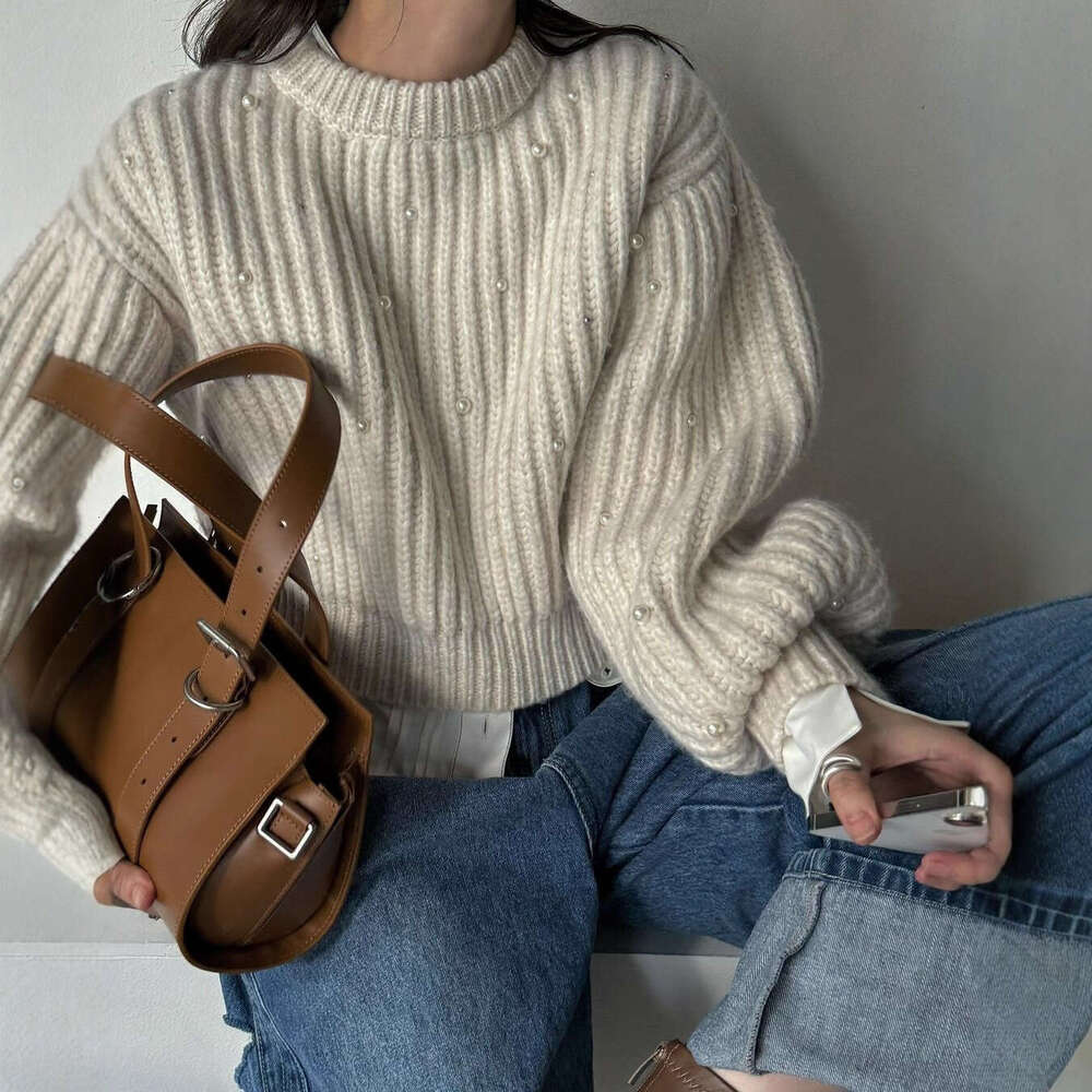 INS Autumn Winter Korean Style Fashion Beaded Round Neck Lantern Sleeve Knitted Women Pullover Short Ribbed Sweater B5