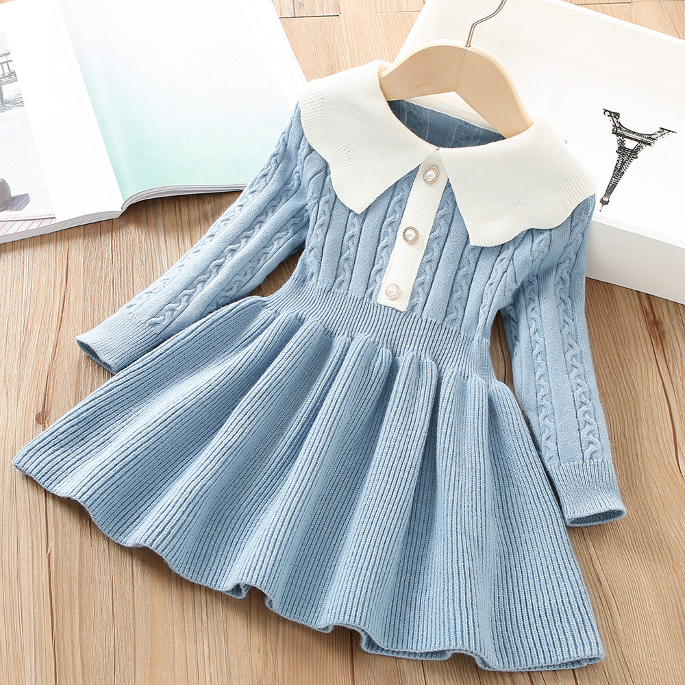 Girls Sweater Dress Winter New Korean Style Fashionable Solid Color Little Girl Knitted Long Sleeve Princess Dress Trendy