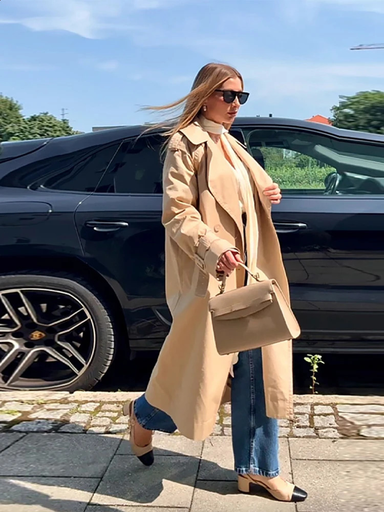 Korean Fashion Trench Coats For Women Lapel Long Sleeves Single Breasted Belt Long Coat Female Clothing 251204