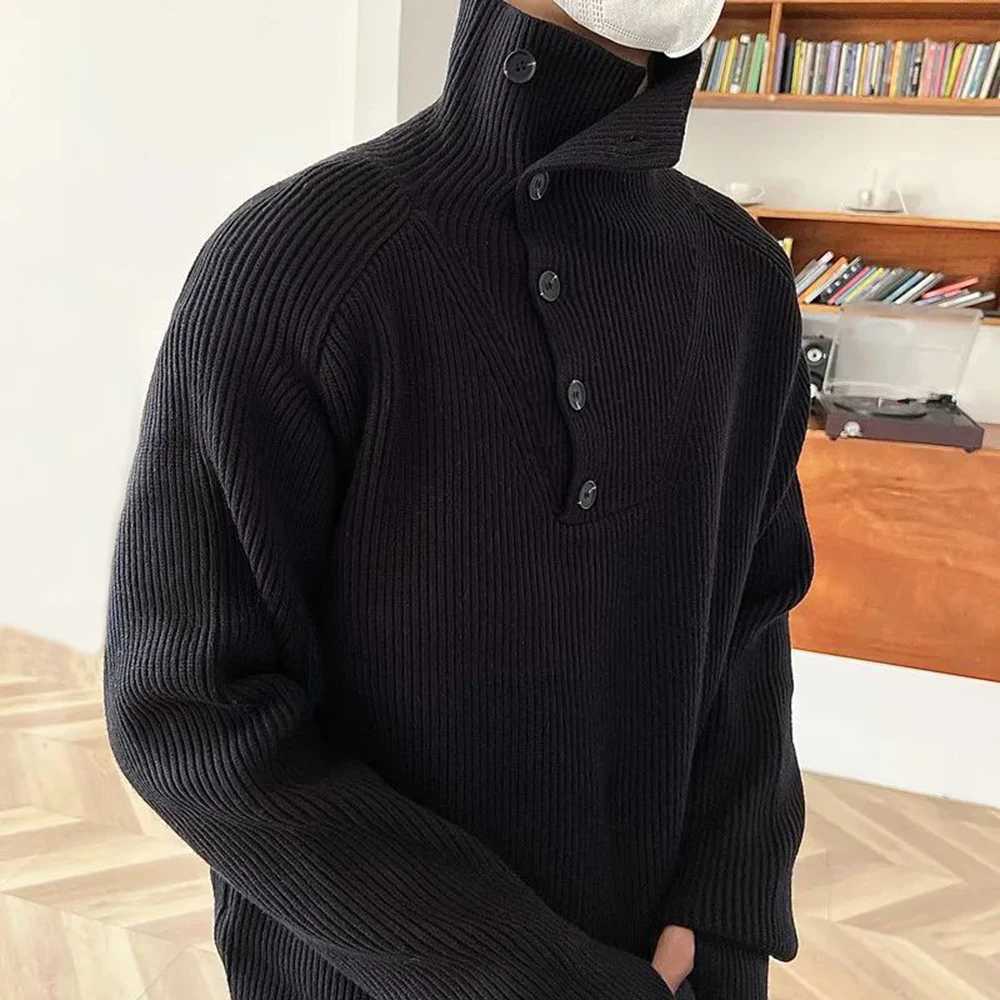 Mens Casual Solid Color Loose Turtleneck Knitted Sweater Genderless Autumn Winter Button Decoration Retro Knitted Sweater UnisexXJ251210