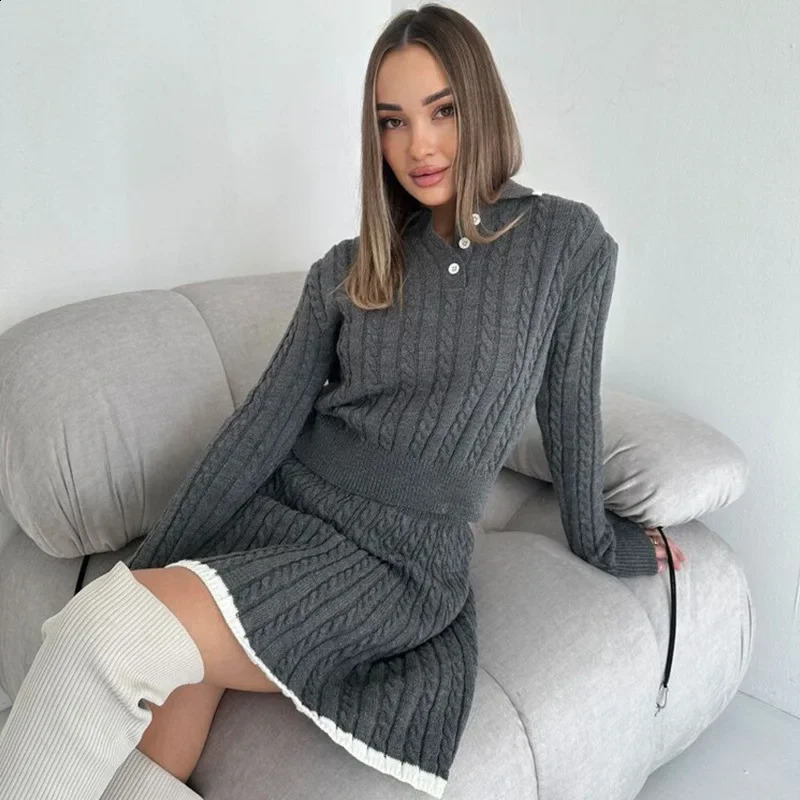 Casual Knitted Dress Set Long Sleeve Womens Style Button Short Skirt Two-Piece Suit Comfortable Knee-Length Dress 251205