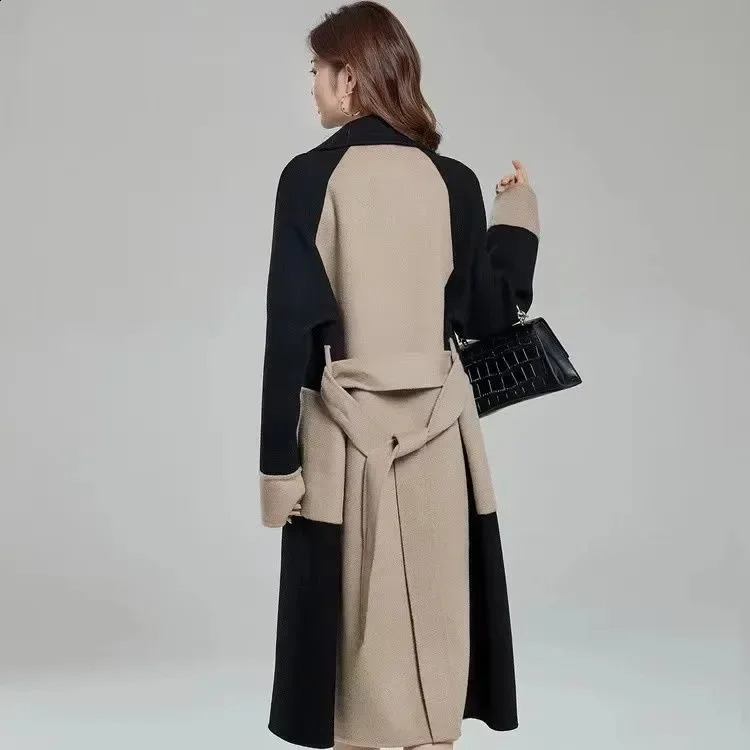 Winter Of The Season Double-Sided Fleece Wool Blend Color Block Slimming Long Coat Womens Trench Coat Stylish Hepburn 251204