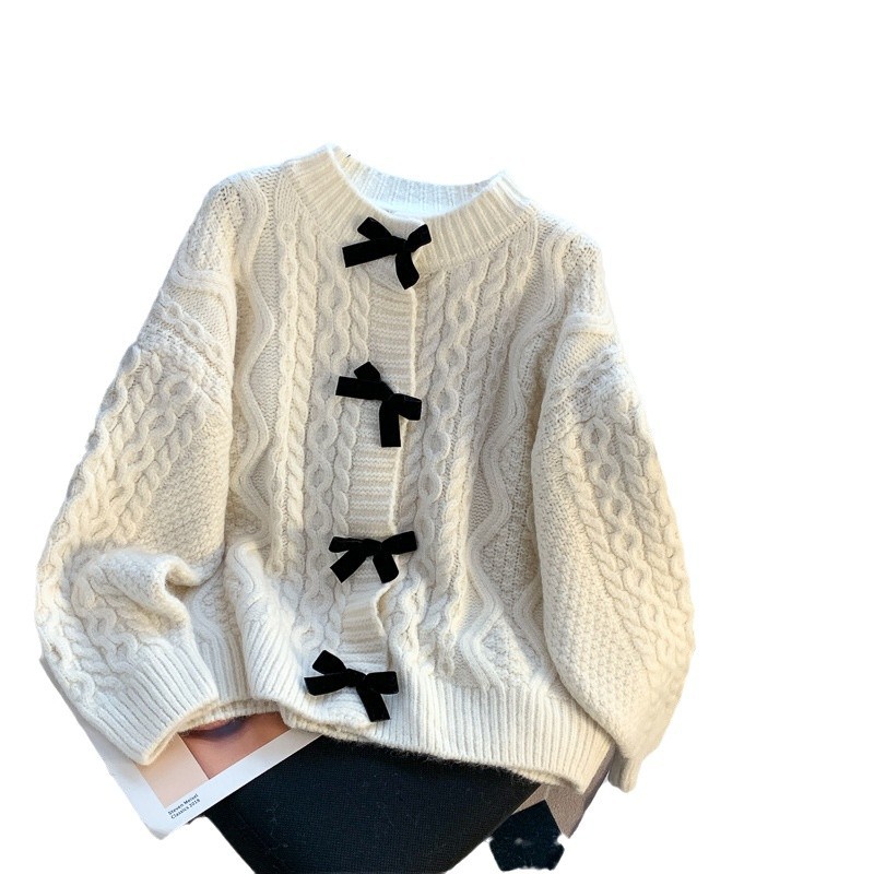 Women's Sweaters Preppy Style Bow Sweet Cardigan Women Cute Long Sleeve Solid Knitted Sweaters Casual Vintage O Neck Lady Fall Winter Top Outwe