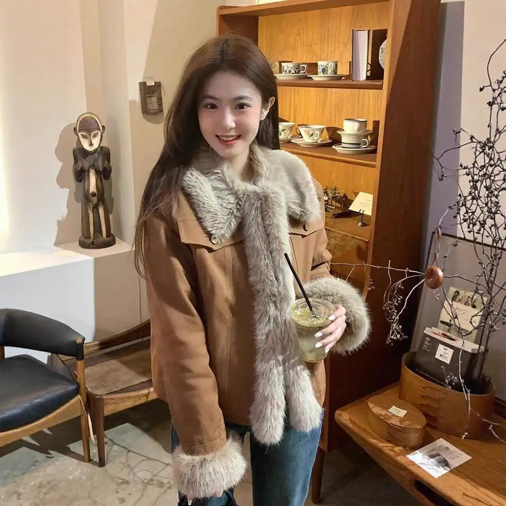 Vintage Brown Furry Quilted Warm Jacket for Women Winter New Thickened Short Denim Cotton Coat