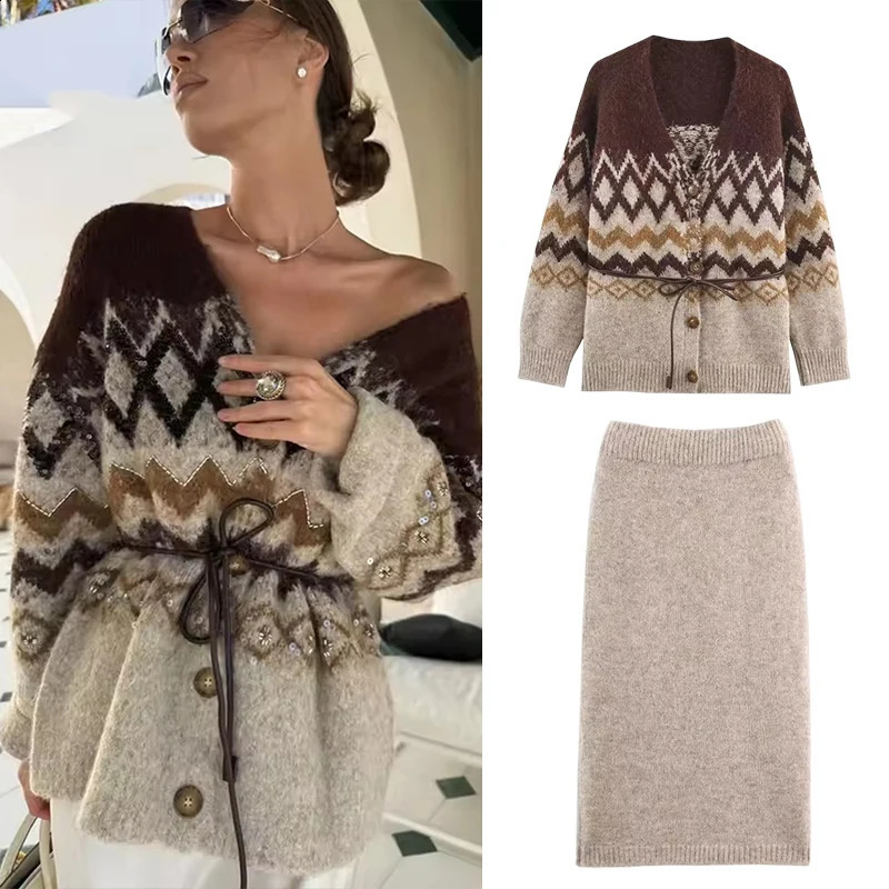 Women Knitted Midi Skirts Two Piece Sets Fashion Jacquard Belt Knit Cardigan Womens Suits Autumn Winter Woman Outfits 251205