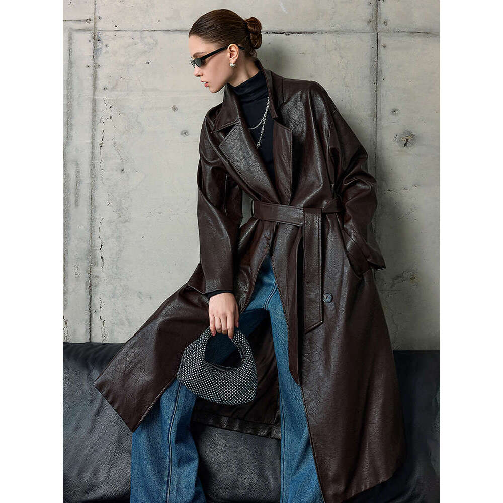 Vintage Distressed Wrinkled Long Trench Coat High End Simple Loose Eco Friendly Leather Jacket For Women Luxury