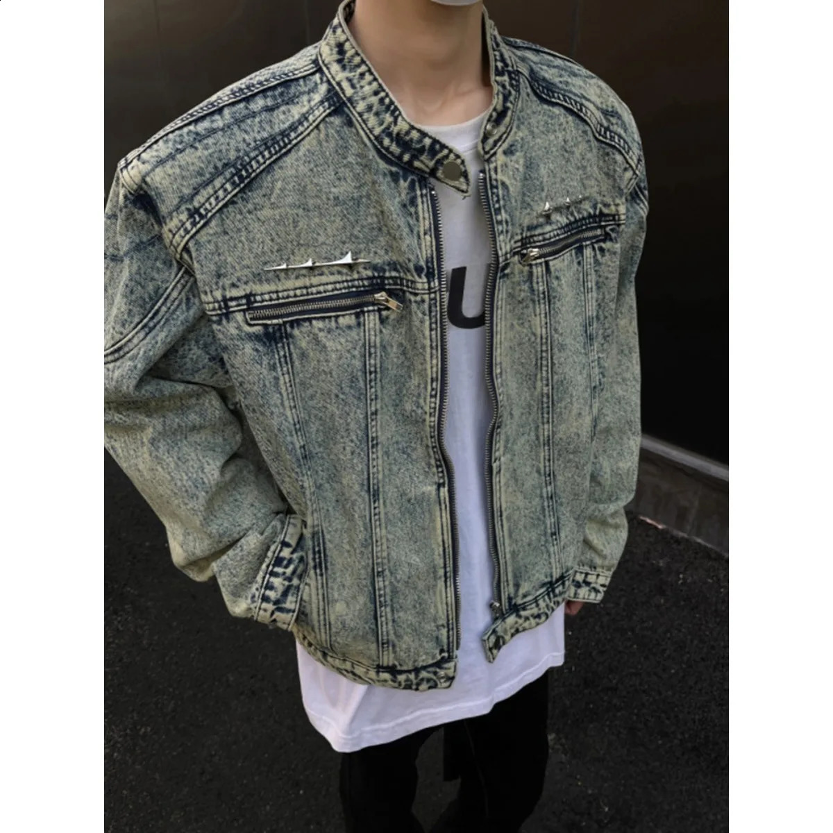 Garmenting Men Denim Jackets Trendy 2026 Autumn Mandarin Collar Outerwear Zipper Up Cowboy Coat Slim Fitted Male Clothes 251204