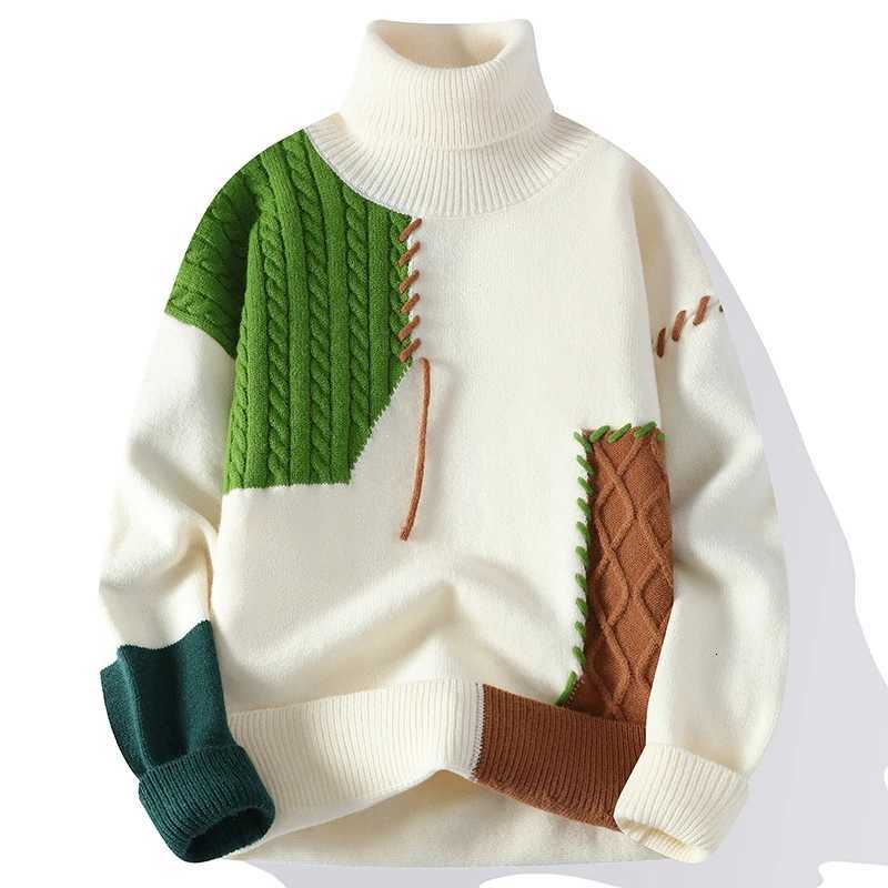 Autumn Winter Knit Turtleneck Sweater Men Fashion Patchwork Knitted Pullovers Mens High Quality Casual Sweaters Warm StreetwearXJ251210