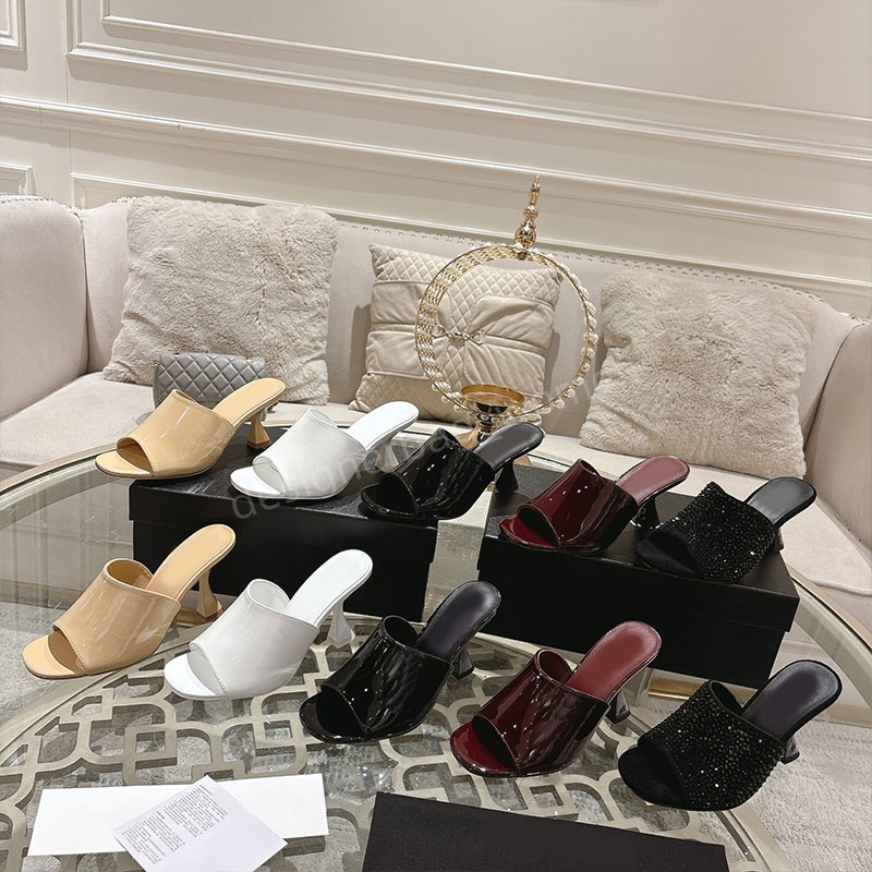 Designer Slippers high heels sandals new women sildes patent leather slipper Heel 7cm 9cm show dress shoes Luxury Summer rhinestone sliders Top Qual