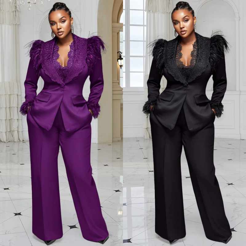 Sexy Women Jacket Feather Lace 2 Piece Set One Button Mother Of The Bride Suits Fashion Shawl Lapel Pants Suit Customized