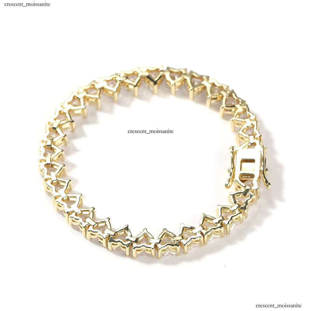 VVS Moissanite 7mm 18k Gold Plated Iced Heart Straight Pull Tennis Bracelet Vermeil Men's Chain Necklace Superstar Jewelry