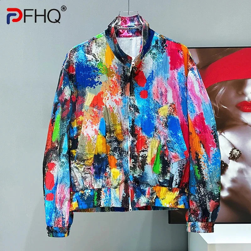 PFHQ Colorful Mens Coat Summer Graffiti Craft Thin Breathable Sun Protection Loose Jacket Zipper Long Sleeve Tops 21E6137 251201