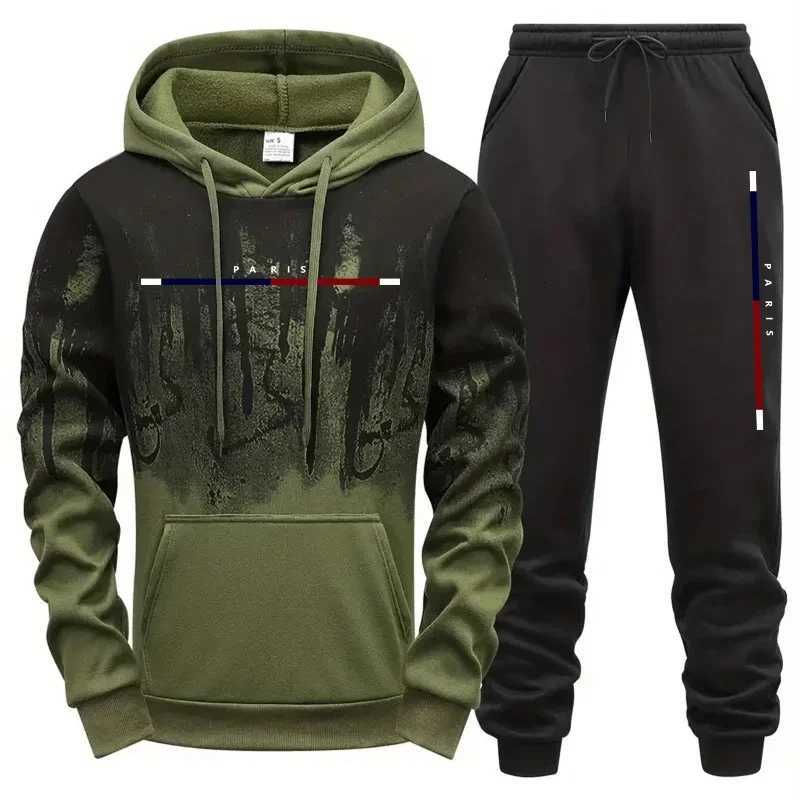 Paris Fashion Mens Hooded Tracksuit 2pcs Set Male Daily Casual Sports Jogging Suit Home Outdoor Hoodie Outftis M251210