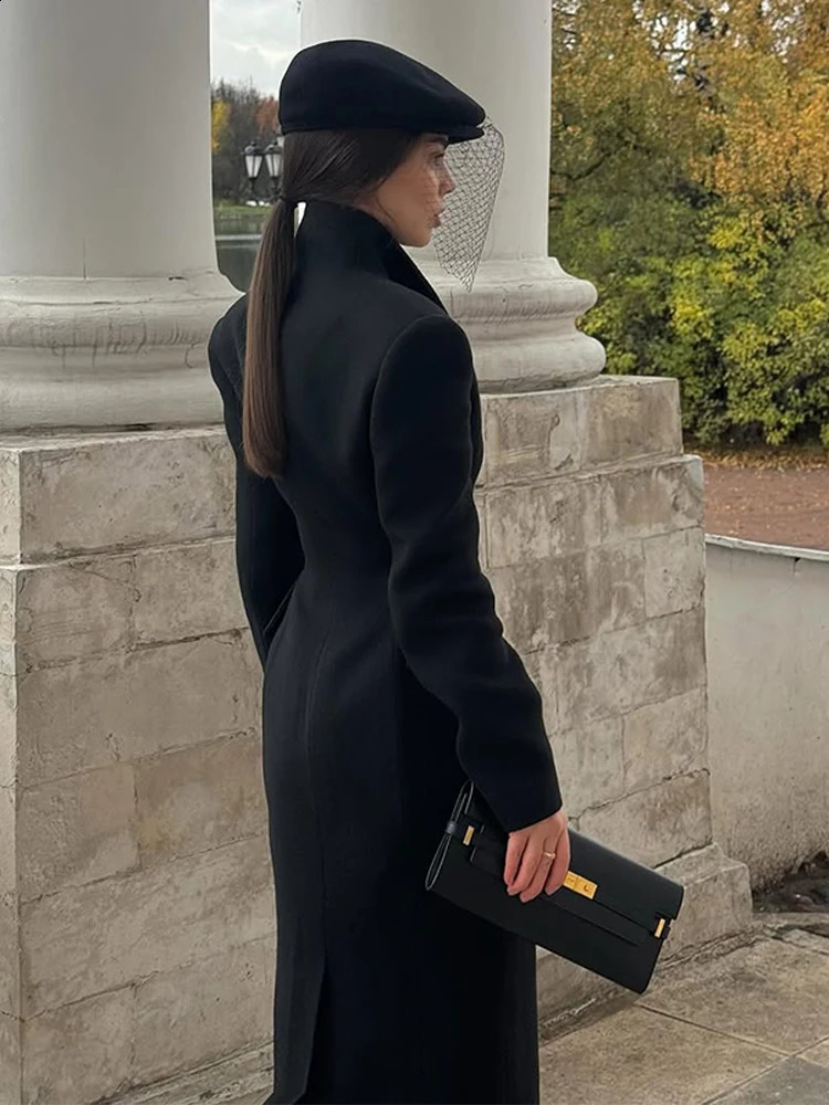 Elegant Womens Woolen Coat Black Single-Button Stand Collar Slim Lady Long Coats Autumn Winter Chic Female Streetwear 251209