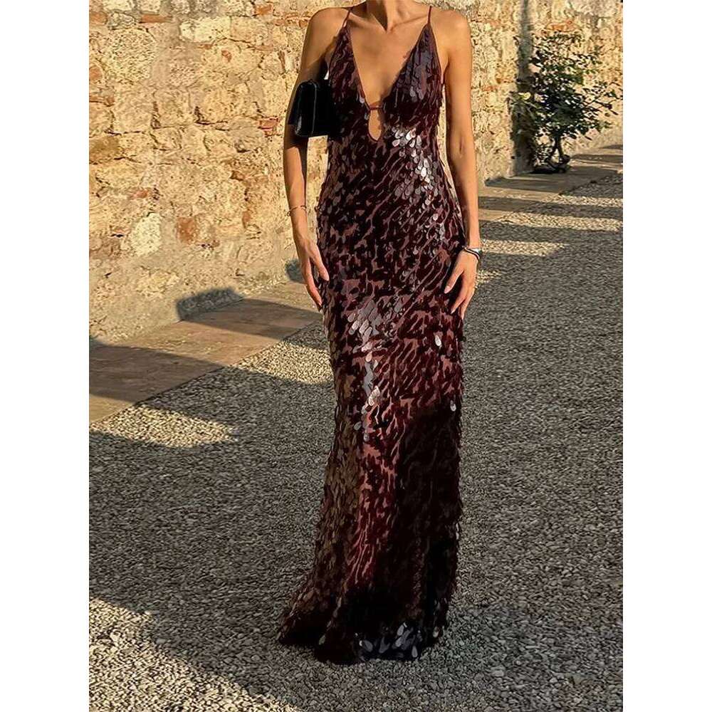 Women Sequin Sling Maxi Dress V Neck Solid Backless High Waist Sleeveless Dresses Fashion New Summer Lady Party Robes Luxury